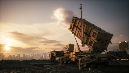 Mobile truck with air defense. Missile defense system. 3d illustration - obrazy, fototapety, plakaty