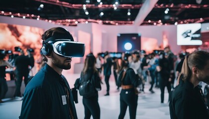 Immersive VR and AR at Bustling Tech Expo - obrazy, fototapety, plakaty