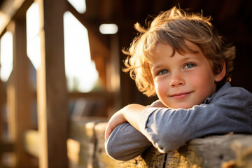 portrait of small boy on stable or barn in the countryside