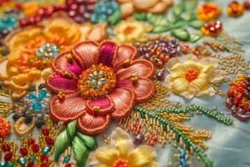 Obraz na płótnie Canvas Indian floral embroidery art. India art culture textile oriental. Generate Ai