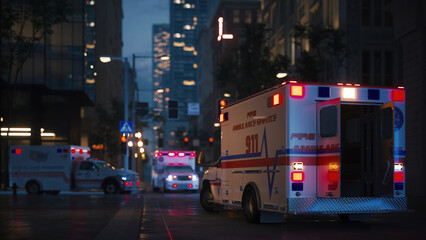 Ambulance cars with siren at night. Flashing lights of emergency service ambulance. Ambulance in accident scene at night time. 3d illustration