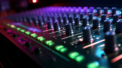 Fototapeta na wymiar Sound mixer closeup with glowing lights at club party
