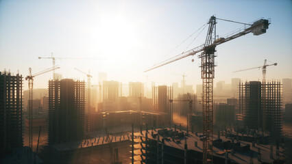 Large construction site with tall construction buildings and cranes. 3d illustration