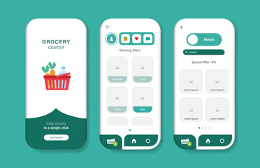 Fototapeta na wymiar Application to buy groceries. Collection of online grocery store interface templates. Responsive GUI for mobile applications. Vector illustration