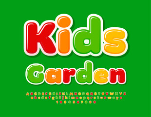 Vector advertising template Kids Garden. Bright Glossy Font. Artistic Alphabet Letters and Numbers set