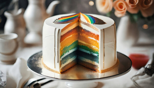White cake with rainbow colors inside. Generative AI