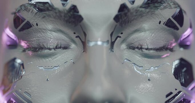 Female Bot awakening as Artificial intelligence technology concept, cyberpunk robot girl with hexagonal skin and electronic eyes