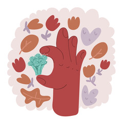 Vector illustration of broccoli in a male hand