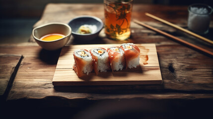 Illustration of a delicious plate of fresh sushi on a rustic wooden table - obrazy, fototapety, plakaty
