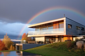 Modern luxury house with swimming pool and rainbow above