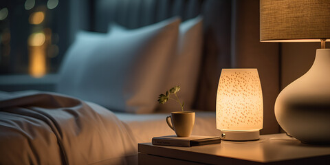 Comfortable bed modern electric lamp  ,here is a small table with a lamp on it next to a bed ,Bed Lights  generative ai - obrazy, fototapety, plakaty