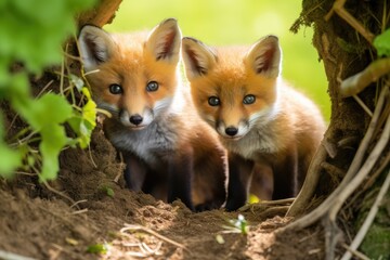 Two red fox, cubs looking around near den on a sunny day in summer. Generative AI