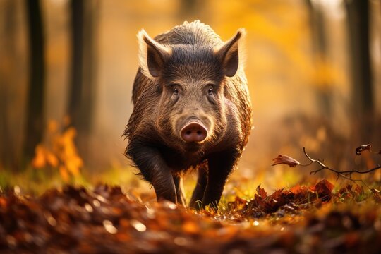 Lonely wild boar walks in forest. Generative AI