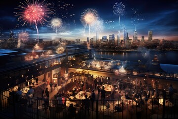 Fototapeta premium Whole city celebrating the New Year or a national event with lively fireworks on the night sky. Generative AI