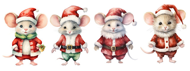 watercolor santa mouse wearing christmas costume on transparent background - obrazy, fototapety, plakaty