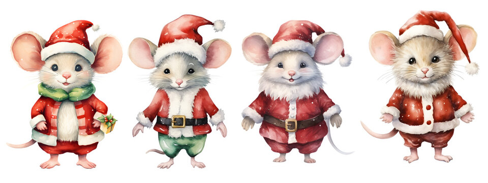 watercolor santa mouse wearing christmas costume on transparent background