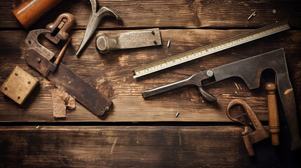Work tool old used on wood table - obrazy, fototapety, plakaty