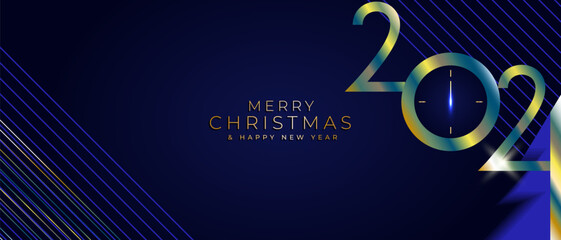 2024 merry christmas and happy new year greeting card on blue gradient with numbers, abstract Christmas tree, clock, elegant gold text. Abstract background with glowing lines. Holiday vector image.