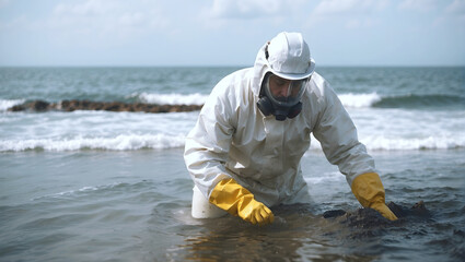A worker in a white protection suit cleaning the sea after an oil spill.
