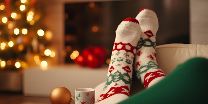 Girl legs in socks near the fireplace with a little christmas tree. Winter holiday concept ,Christmas Feet ,generative ai