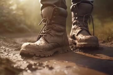 Leather dirty hiking boots walking. Outdoor work mud object sole. Generate Ai