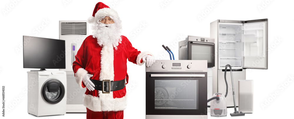 Poster santa claus posing with home electric appliances, an oven, fridge, tv