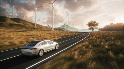 Electric car drives along a windmills. Modern technologies in the field of renewable electricity....