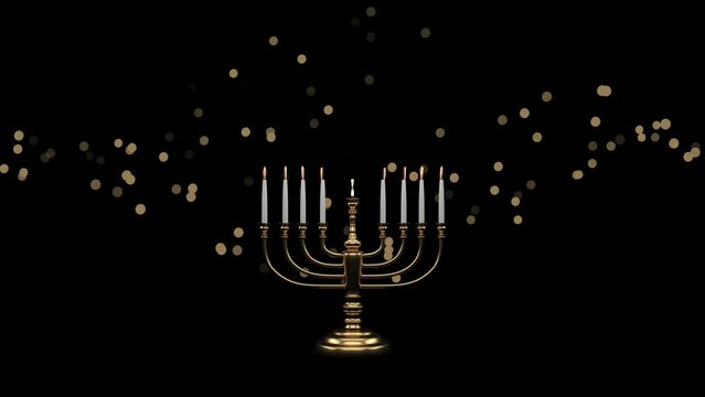 Hanukkah greeting background with stars of David and menorahs candlestick on a bokeh background.