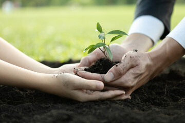 Businessman grow and nurture plant on fertilized soil with young boy as eco company committed to...