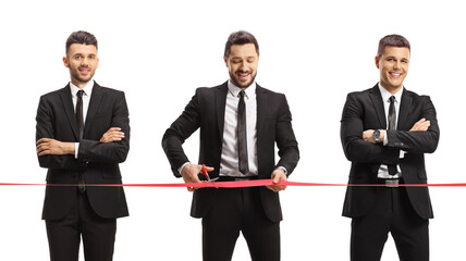 Businessmen cutting a red ribbon tape at an event opening