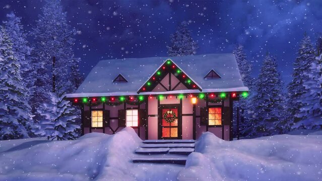 Cozy half-timbered rural house decorated for Xmas and illuminated by Christmas lights among snow covered fir forest at dark snowfall winter night. With no people festive 3D animation rendered in 4K