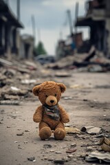 A dirty left alone teddy bear in the middle of through war. Destroyed city building ruins. Dark sad background