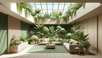 Salón moderno con jardín vertical y techo de cristal - obrazy, fototapety, plakaty