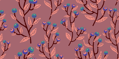 Branches with berries, cozy texture colored ornament. Vector seamless pattern.