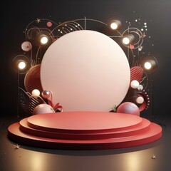 Red marble podium for product display with abstract background pedestal for social media post
