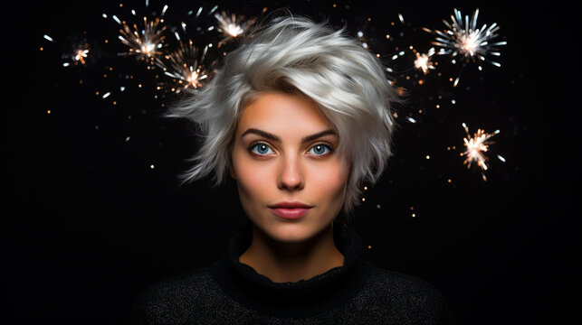Beautiful woman with sparklers on black background - ai generative