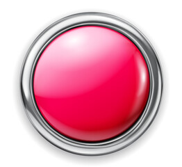 Realistic big pink plastic button with thin shiny metallic border. With shadow on white background