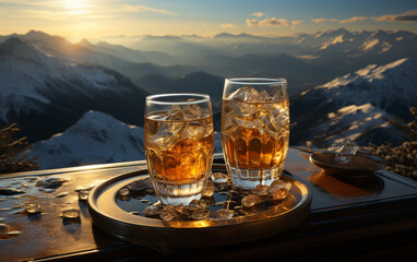 dwa szklane kieliszki z napojem alkoholowym na tarasie z widokiem na góry w słoneczny dzień - obrazy, fototapety, plakaty