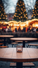 Fototapeta na wymiar Empty wooden table and glass of whiskey on Christmas market in city.