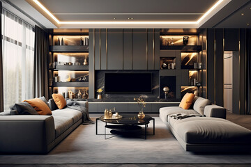 Lounge room modern interior design in black colours. 