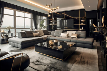 Contemporary interior design of lounge room in black and gold colours. 