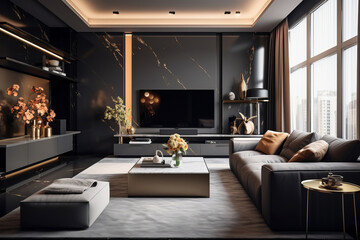 The living room modern interior design in luxury black and gold colours. 