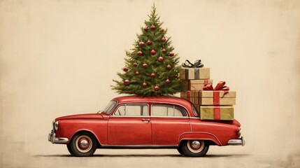 Red vintage old retro car with gift boxes with bows and a Christmas tree. Cartoon style, side view. Christmas and New Year greeting card. Generative AI.