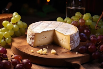 Delicious French cheese with grapes on the wooden board close up