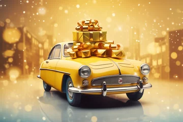 Foto op Canvas Beautiful old retro vintage yellow shiny car in the city with gift boxes with bows. Sale and promotion at the dealership. Creative postcard for the holiday. Generative AI. © Nikolai
