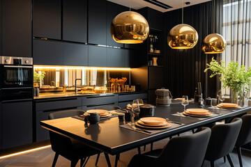 The interior design of the modern kitchen is in black and gold colours. Luxury concept. 