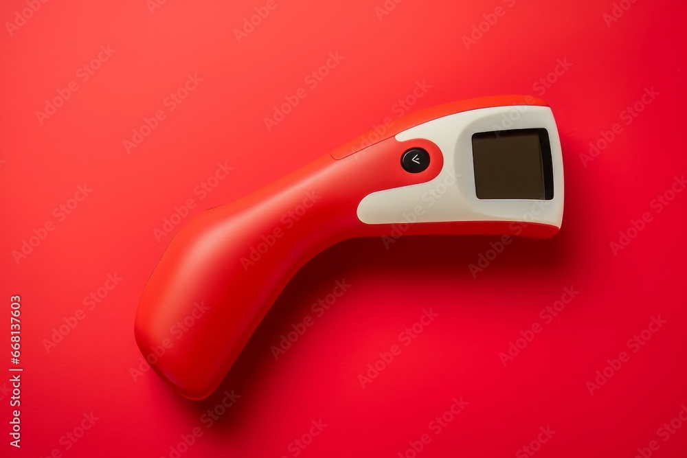 Poster modern non contact infrared thermometer on red background. office object display heat digital. gener