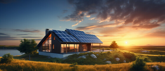 Haus der Zukunft  mit Solar Energie, Sonnenkollektoren bei Sonnenuntergang. Konzept für erneuerbare Energien 
