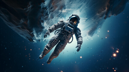 Fototapeta na wymiar Astronaut floating in outer space. Galaxy, zero gravity, cosmic, interstellar, NASA, AI Generated