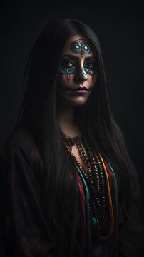 Portrait of a woman with bright ethnic makeup for Santa Muerte celebration, day of the dead.